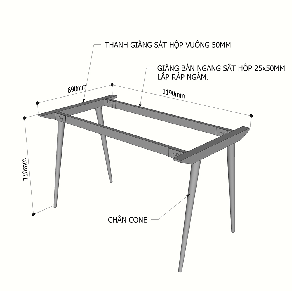 kích thước chân sắt côn cho bàn làm việc 1m2