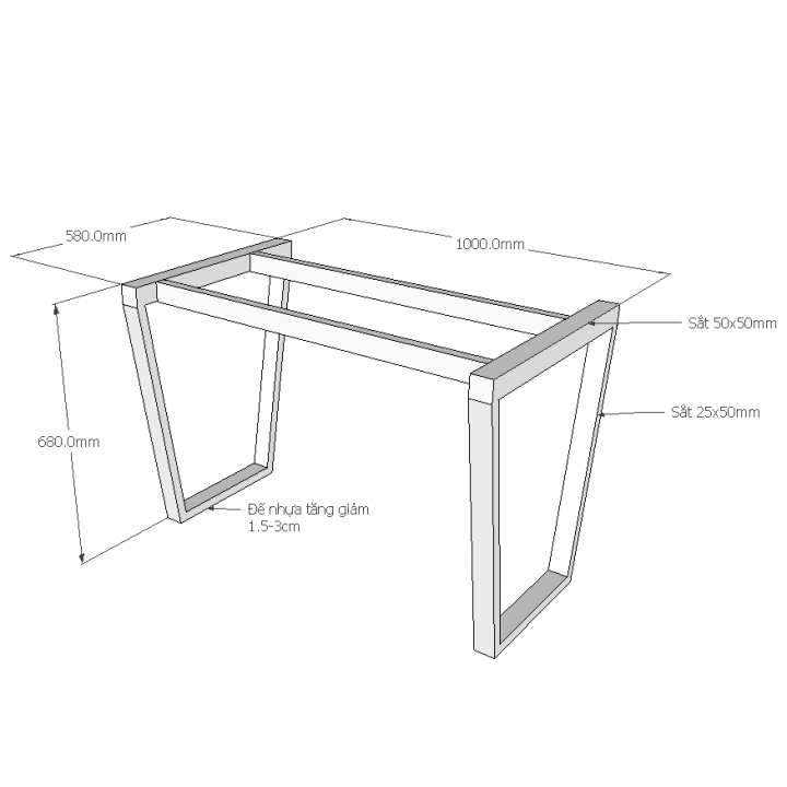 CBGTN001- Chân bàn hình thang cao 70cm sắt 25x50mm