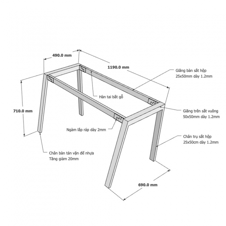 Chân bàn sắt 120x70cm hệ Aton Concept lắp ráp - HCAT004