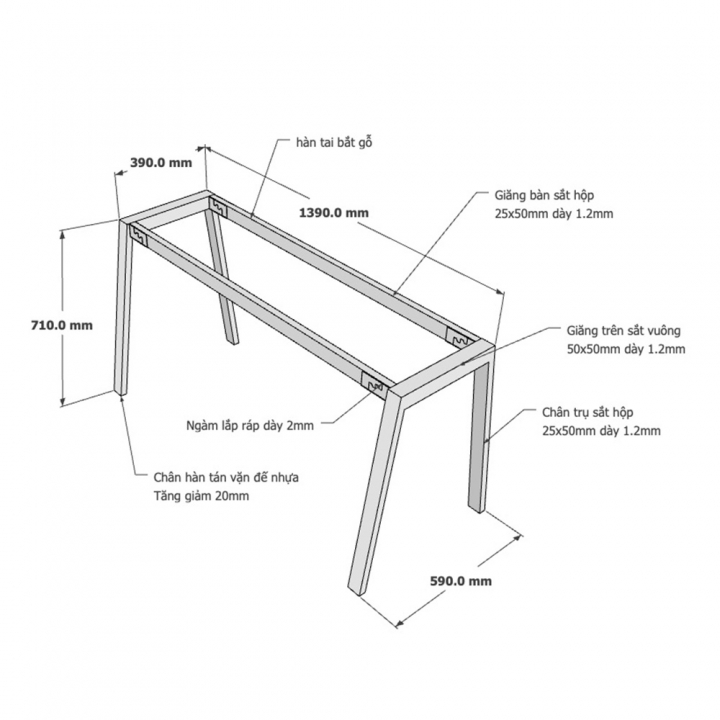 Chân bàn sắt 140x60cm hệ Aton Concept lắp ráp - HCAT003