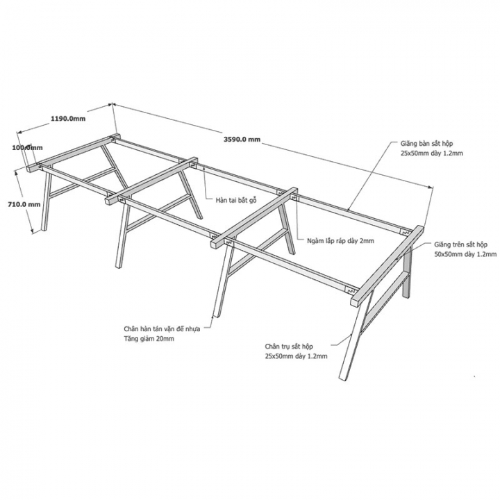 Chân bàn cụm 6 120x360 hệ AConcept lắp ráp - HCAC016