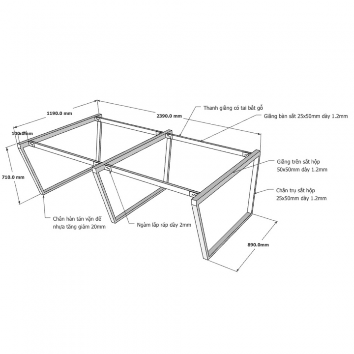 Chân bàn họp 240x120 hệ Trapez Concept lắp ráp - HCTC019