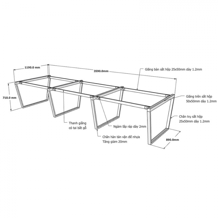 Chân bàn cụm 6 360x120 hệ Trapez Concept lắp ráp - HCTC022