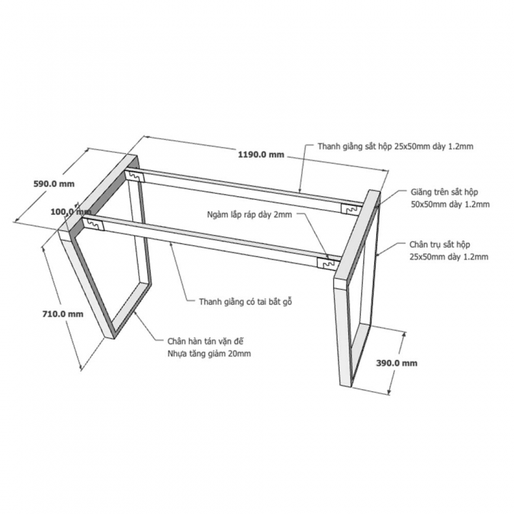 Chân bàn 60x120cm hệ Trapez Concept lắp ráp - HCTC002