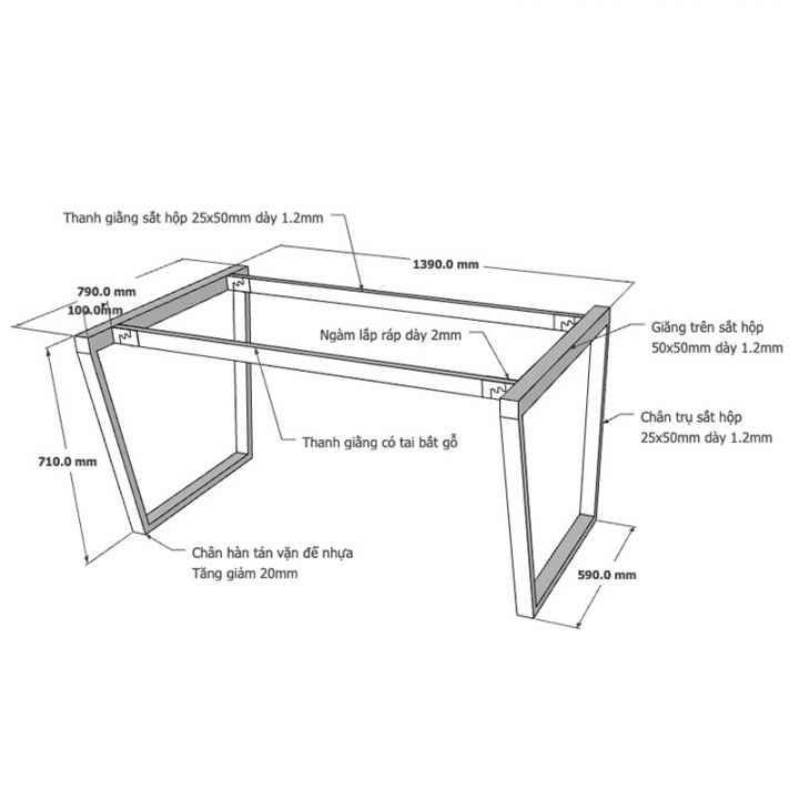 Chân bàn 80x140cm hệ Trapez Concept lắp ráp - HCTC006