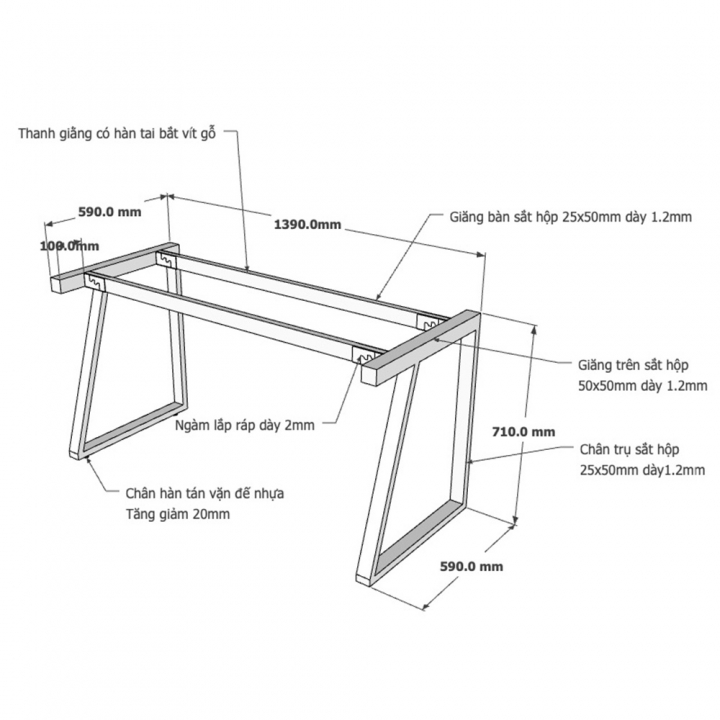 Chân sắt bàn 140x60cm hệ Trapeze II Concept lắp ráp HCTH003