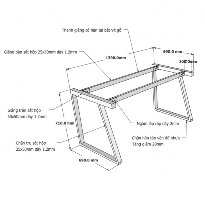 Chân bàn 140x70cm hệ Trapeze II Concept lắp ráp HCTH005