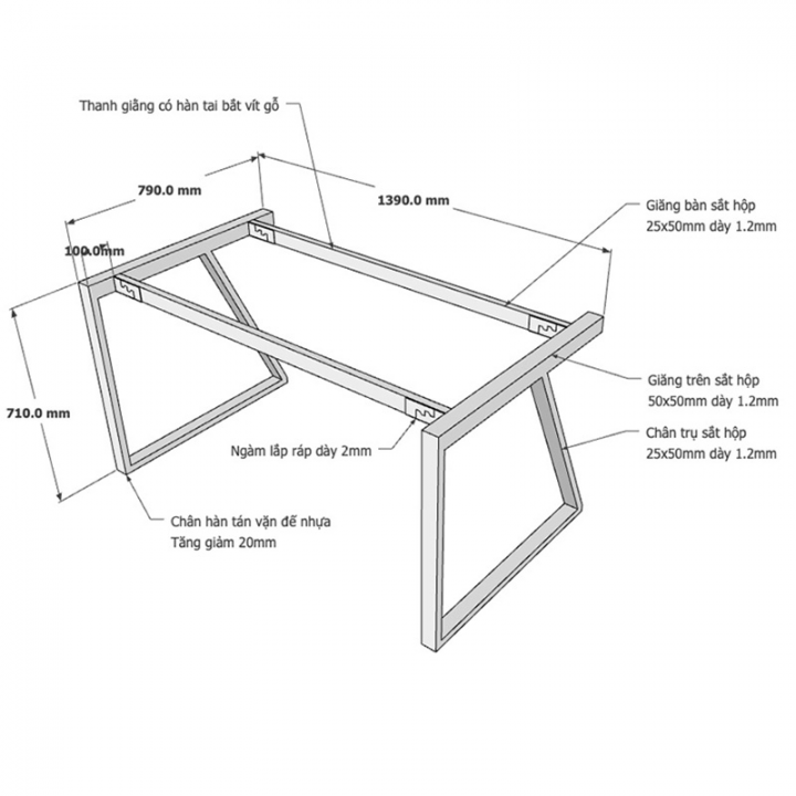 Chân bàn 140x80cm hệ Trapeze II Concept lắp ráp HCTH006