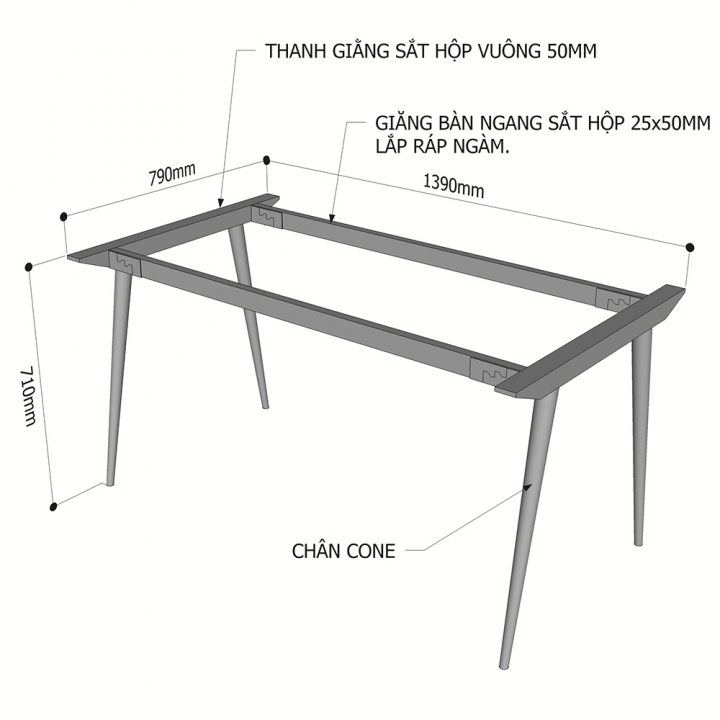 Chân bàn sắt hệ CONE Concept 140x80 lắp ráp HCCO006