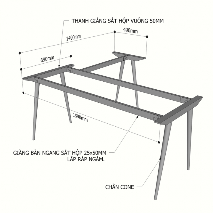kích thước chân sắt côn cho bàn chữ L