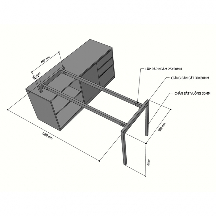 Chân sắt lắp ráp cho bàn gác tủ 140x60cm hệ Slean HCSL026