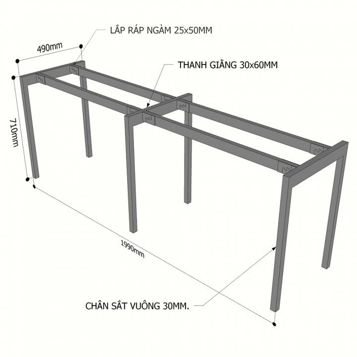 Chân sắt lắp ráp bàn cụm 2 200x50cm hệ Slean HCSL012