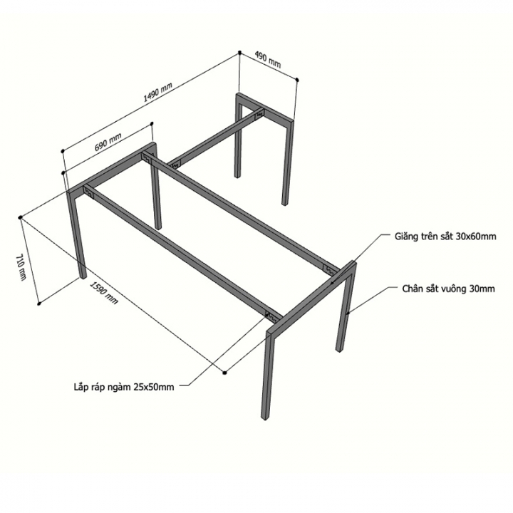 Chân sắt lắp ráp bàn chữ L 160x150cm hệ Slean HCSL019