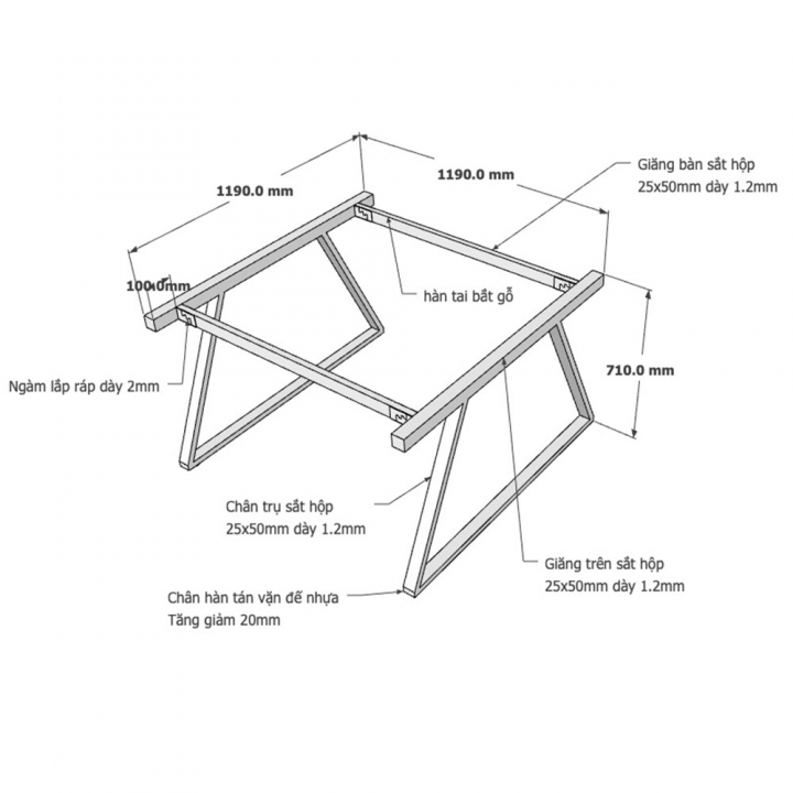 Chân bàn cụm 2 hệ Trapeze II Concept 120x120 lắp ráp - HCTH014