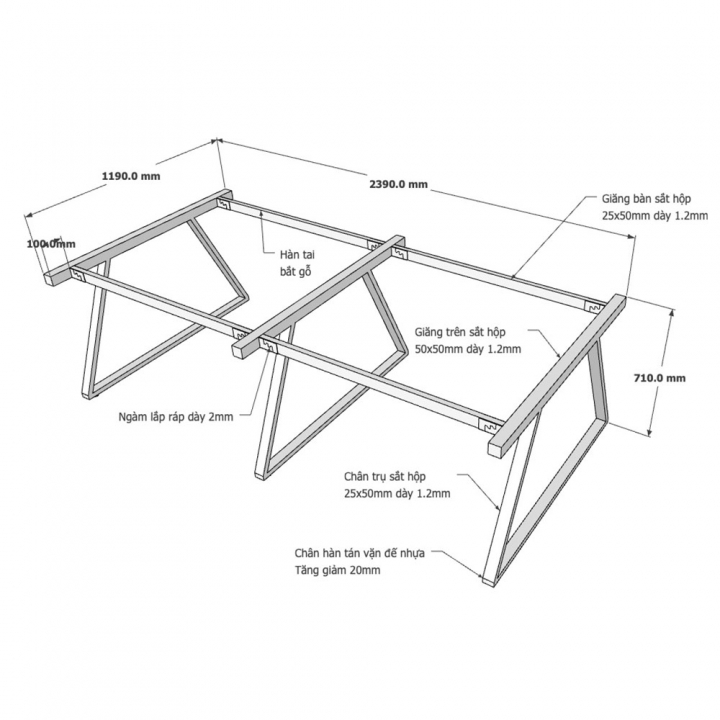 Chân bàn cụm 4 hệ Trapeze II Concept 240x120 lắp ráp - HCTH015