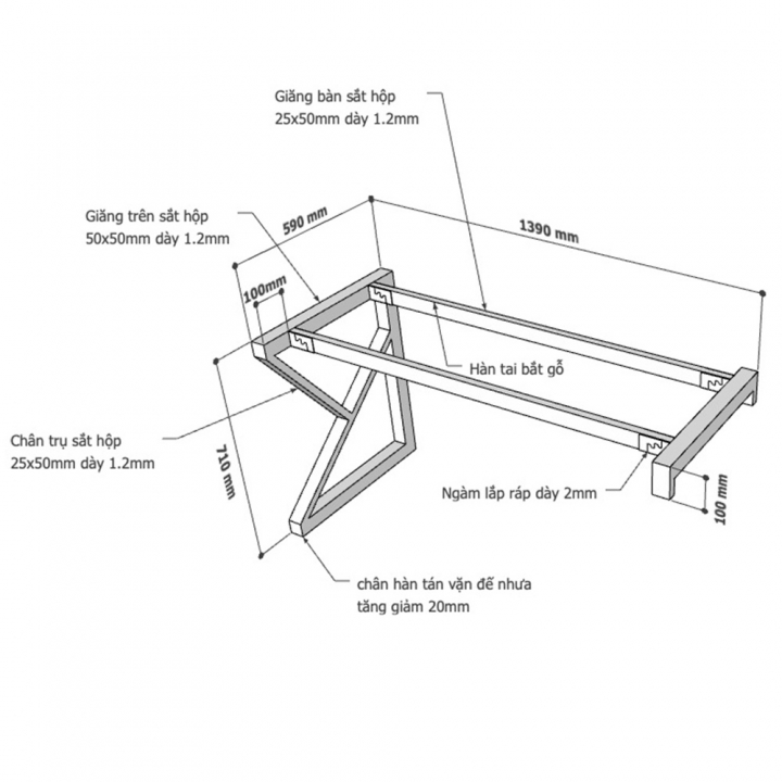 Chân bàn gác tủ hệ KConcept 140x60 lắp ráp - HCKC020