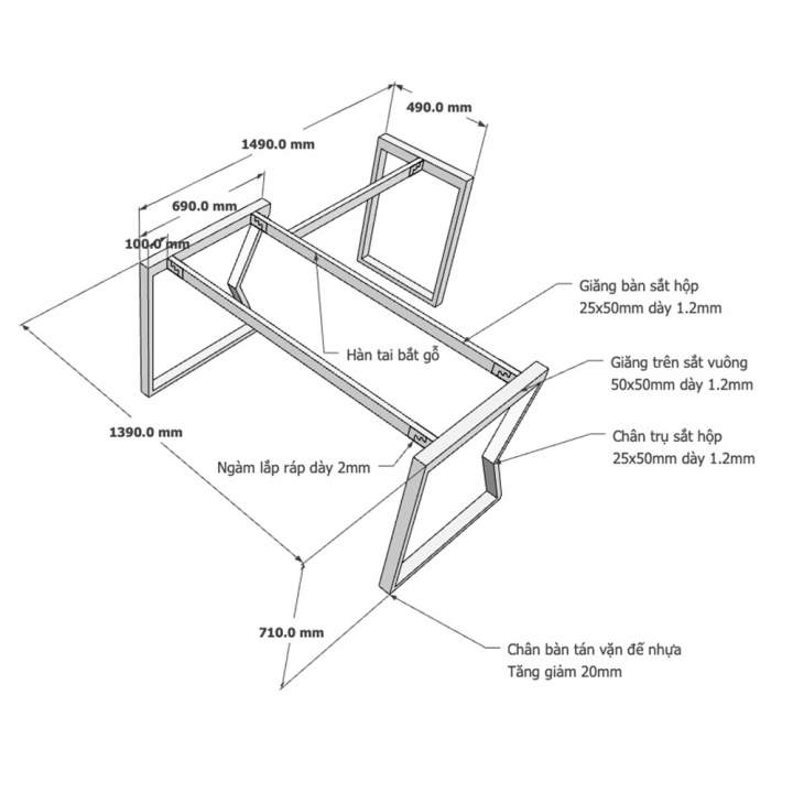 kích thuớc chân sắt lắp ráp cho bàn chữ L