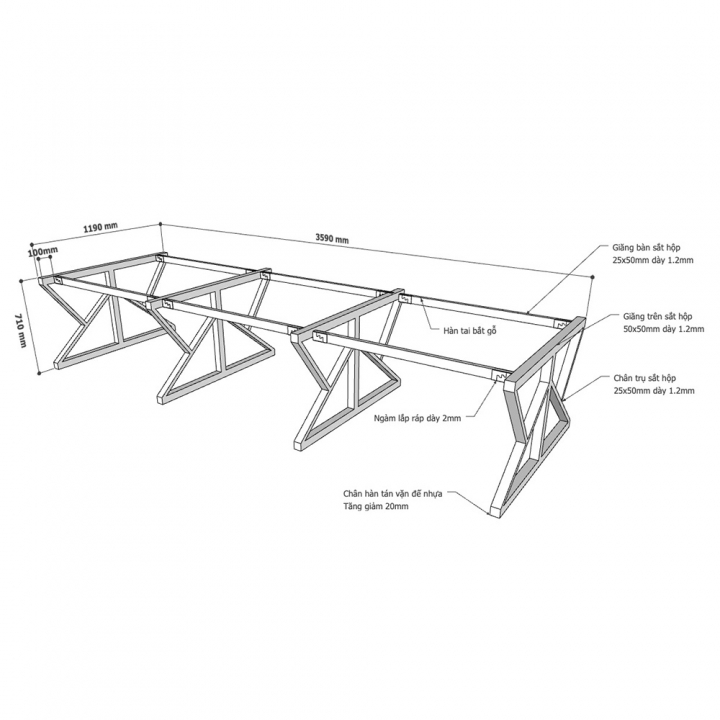 Chân bàn sắt hệ KConcept 360x120 lắp ráp - HCKC013