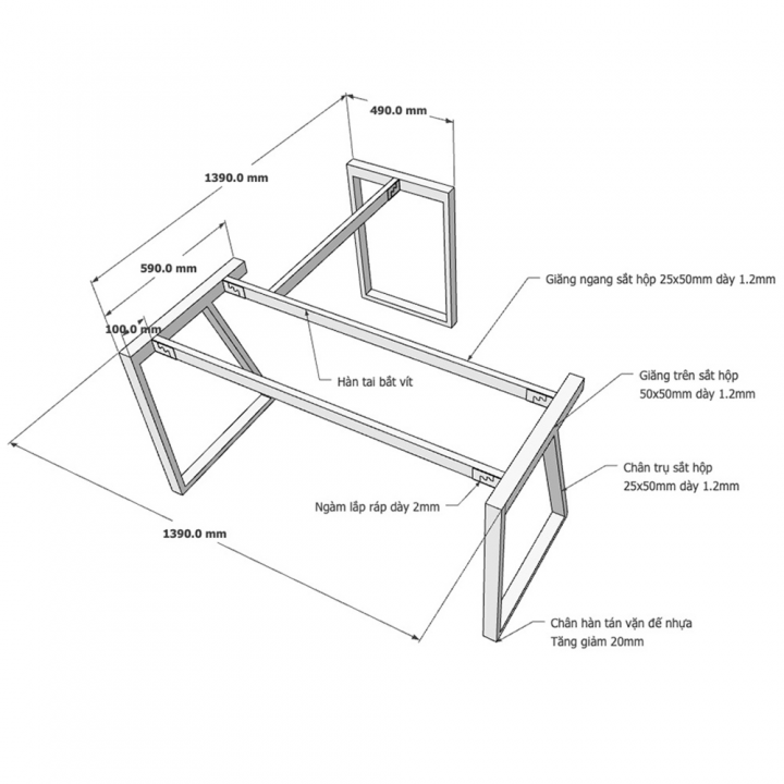 Chân bàn chữ L 140x140 hệ Trapeze II Concept lắp ráp - HCTH017