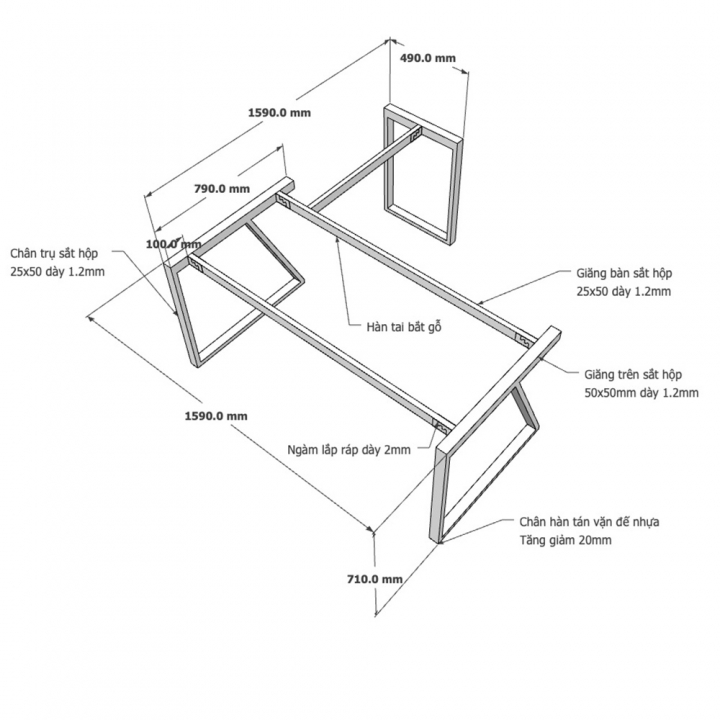 Chân bàn chữ L 160x160 hệ Trapeze II Concept lắp ráp - HCTH020