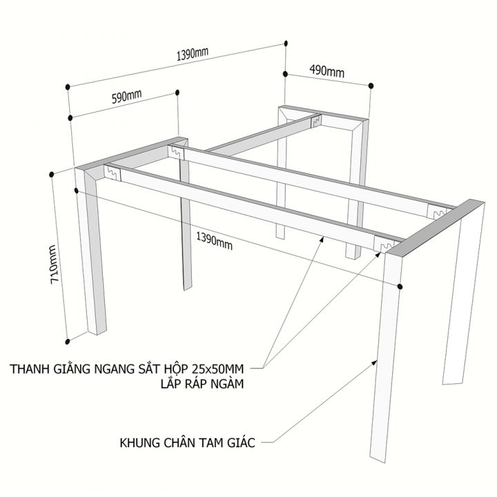 Chân bàn chữ L 140x140cm hệ Trian Concept lắp ráp HCTA014