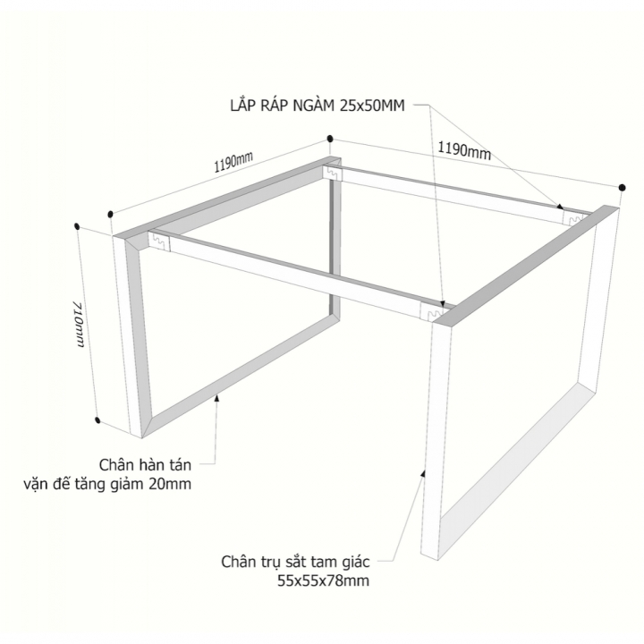 Chân sắt tam giác cho bàn cụm 2 120x120cm hệ Trian II - HCTG019