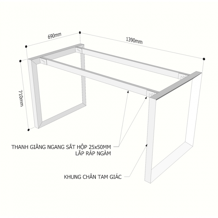 Chân sắt tam giác cho bàn 140x70cm hệ Trian II Concept - HCTG008