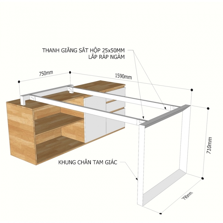 Chân bàn gác tủ 160x80cm sắt tam giác lắp ráp hệ Trian II - HCTG018